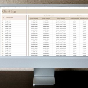 May include: A computer monitor shows a spreadsheet labelled "Client Log." The spreadsheet has columns for client name, phone number, email, mailing address, date contacted, and follow-up date. The screen is set against a neutral background.