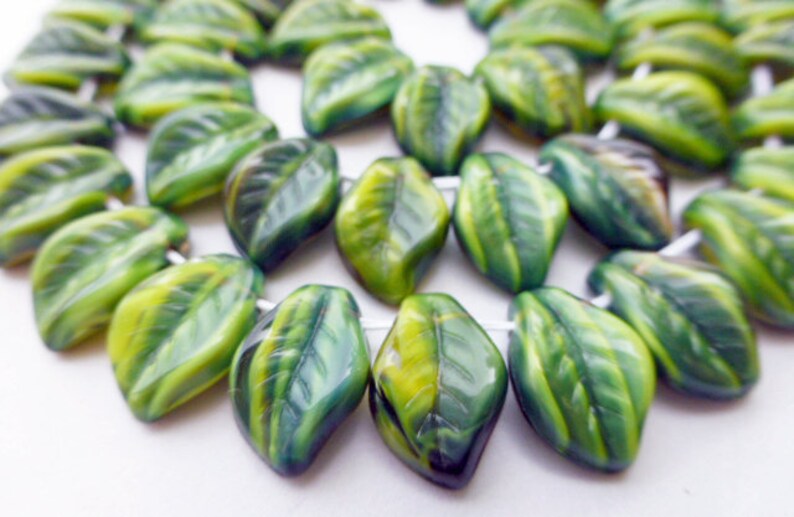 25 Czech Glass Leaf Beads in Jungle GreenBlackYellow size 9x14mm