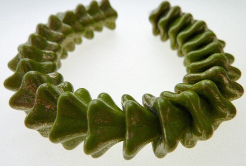 50 Czech Glass Trumpet Flower Beads in Opaque Olive with Gold Flecks 8x13mm