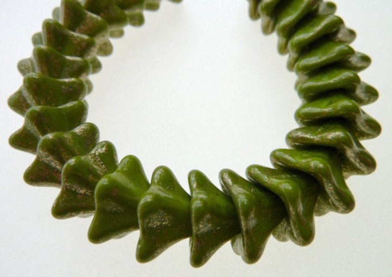 50 Czech Glass Trumpet Flower Beads in Opaque Olive with Gold Flecks 8x13mm
