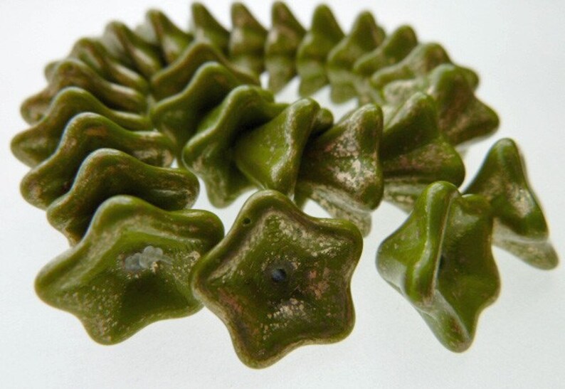 50 Czech Glass Trumpet Flower Beads in Opaque Olive with Gold Flecks 8x13mm