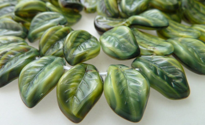 25 Czech Glass Leaf Beads in Jungle GreenBlackYellow      size 9x14mm