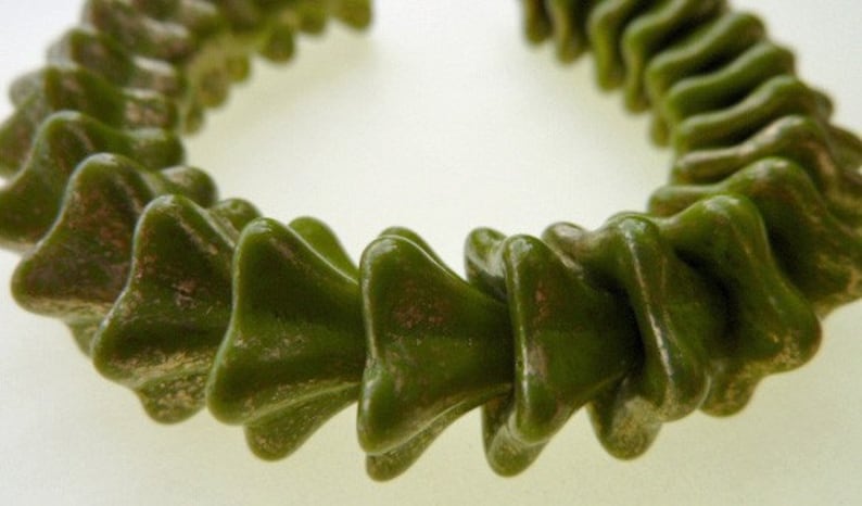 50 Czech Glass Trumpet Flower Beads in Opaque Olive with Gold Flecks 8x13mm