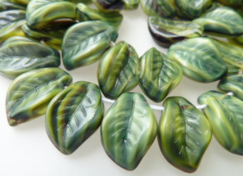 25 Czech Glass Leaf Beads in Jungle GreenBlackYellow size 9x14mm