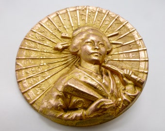 Large Antique KATISHA Geisha Button in Gold Stamped Brass.  38mm size
