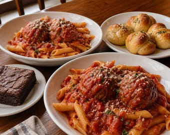 Puede incluir: Una mesa con platos italianos. Dos cuencos de pasta penne con albóndigas y salsa de tomate, un plato de nudos de ajo y un brownie. La comida se sirve en cuencos y platos blancos.