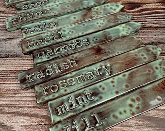 Custom Handmade Terracotta Garden Markers: Glazed Green Ceramic Plant Labels