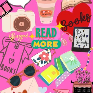 Könnte beinhalten: Ein pinkfarbener Hintergrund mit Illustrationen von Büchern, einer Kamera und einer Kaffeetasse. Text enthält "LOVE", "READ MORE", "Life is good", "Be Kind to Yourself" und "be happy". Das Bild hat ein Lese-Thema.