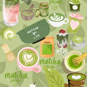 Könnte beinhalten: Eine Illustration mit verschiedenen Matcha-Artikeln. Sie zeigt Matcha-Lattes mit herzförmiger Latte Art, Matcha-Pulver, einen Schneebesen und ein Matcha-Getränk mit Eis. Die Worte "Matcha, please" und "Matcha for Life" sind ebenfalls vorhanden.