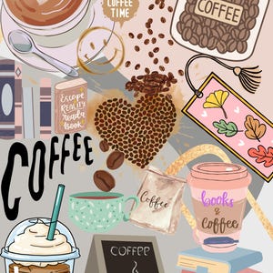 Könnte beinhalten: Eine Collage mit Illustrationen zum Thema Kaffee. Enthält eine Kaffeetasse mit Herzdesign, Kaffeebohnen, ein Glas Kaffeebohnen, ein Lesezeichen und einen Eiskaffee. Das Wort "Coffee" ist in großen Buchstaben geschrieben.
