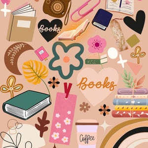 Könnte beinhalten: Eine Collage aus Büchern, Lesezeichen und dekorativen Elementen in einer warmen Farbpalette. Enthält eine Kamera, eine Kaffeetasse und das Wort "Books" in Herzform. Das Gesamtthema ist Lesen und Literatur.