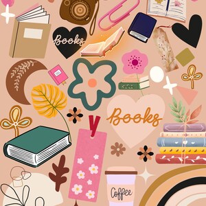Könnte beinhalten: Eine Collage aus Büchern, Lesezeichen und dekorativen Elementen in einer warmen Farbpalette. Enthält eine Kamera, eine Kaffeetasse und das Wort "Books" in Herzform. Das Gesamtthema ist Lesen und Literatur.