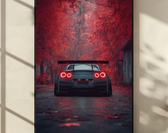 Nissan GT-R Poster, JDM Car Wall Art in Red Forest, Rear View GT-R Digital Print, Printable Car Art Download