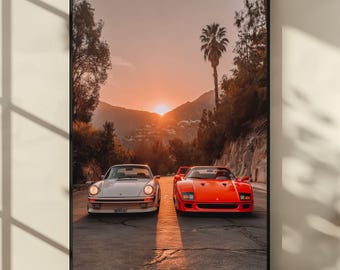 Porsche 911 & Ferrari F40 Sunset Poster, Classic Sports Car Wall Art, Vintage Supercar Print, Automotive Decor for Car Enthusiasts