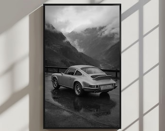 Swiss Alps Porsche 911 Photography, Black & White Mountain Road Art, Classic Car Home Decor, Vintage Porsche Art Print