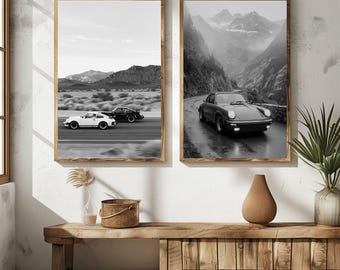 Porsche 911 Wall Art Set of 2, Classic Racing Car Posters, Black & White Sports Car Decor, Vintage Automotive Digital Prints
