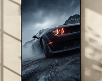 Dodge Challenger Wall Art, Muscle Car Racing Poster, Dark Cinematic Drift Print, Dodge Hellcat Artwork, Car Enthusiast Gift