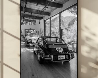 Black and White Porsche 911 Poster, Vintage Sports Car Wall Art, Classic Racing Car Print, Retro Garage Decor, Gift for Him