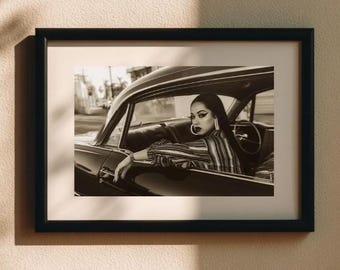 Chicana Lowrider Wall Art, Black & White Latina Woman Retro Car Poster, Vintage Street Photography Print, Urban Aesthetic Decor
