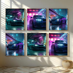 Puede incluir: Seis impresiones enmarcadas de un coche deportivo en un entorno urbano iluminado con neones. Los coches son de varios tonos de azul y morado, con faros brillantes. El fondo presenta calles mojadas y luces rosas y azules brillantes.
