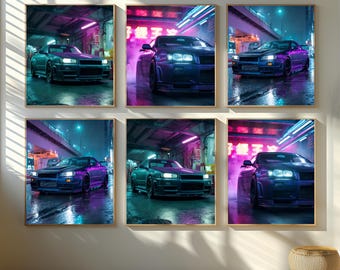 May include: Six framed prints of a sports car in a neon-lit urban setting. The cars are various shades of blue and purple, with bright headlights. The background features wet streets and glowing pink and blue lights, creating a futuristic aesthetic.