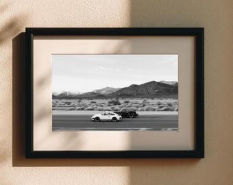 Classic Porsche 911 Racing Poster, Black & White Desert Road Wall Art, Vintage Sports Car Photography Print, Digital Download