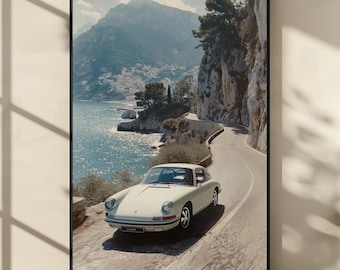 Classic Porsche Coastal Drive Poster, Vintage Sports Car Wall Art, Scenic Road Trip Photography Print, Digital Download Automotive Decor