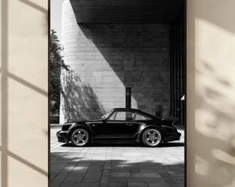 Black Porsche 911 Turbo Wall Art Print, Classic Car Poster, Luxury Sports Car Photography, Monochrome Architecture Car Decor