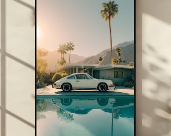 Mid-Century Porsche Poster, Retro Car by Palm Springs Pool, Vintage Aesthetic Wall Art, Porsche 911 Print