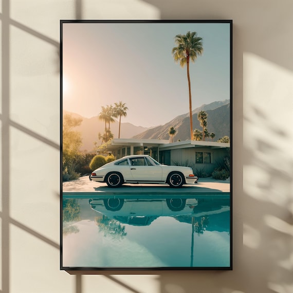 Mid-century Porsche Poster, Retro Car by Palm Springs Pool