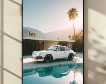 Vintage Porsche 911 Wall Art Print, Classic Car Poster, Retro Palm Springs Mid Century Modern Decor, Luxury Automotive Photography