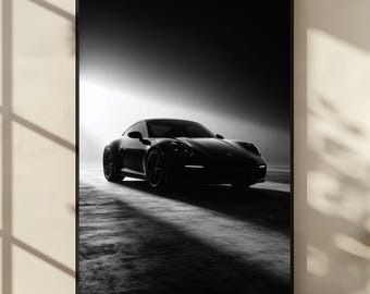 白黒のポルシェ911ポスター、高級スポーツカーのウォールアート、モノクロ自動車写真プリント
