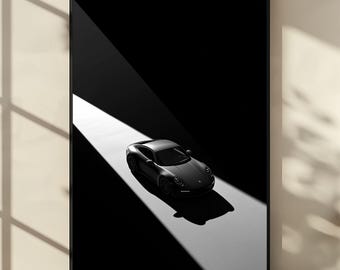 ポルシェ911ミニマリストライトビームポスター、白黒高級車ウォールアート、モダンな自動車写真プリント