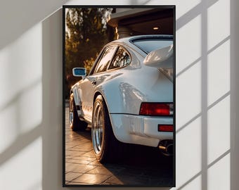 White Porsche 911 Turbo Rear View, Fine Art Car Photography Print, Classic Porsche Wall Art, Sunset Car Poster