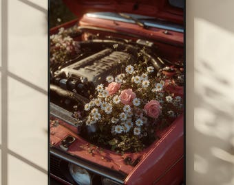 BMW Floral Engine Wall Art Print, Vintage Car Poster with Flowers, Retro Automotive Artwork, Car Lover Gift, Garage & Home Decor