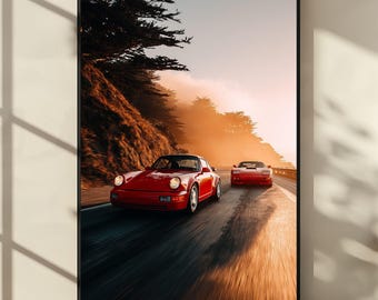 Red Porsche Coastal Print, Sunset Car Wall Art, Vintage Road Poster