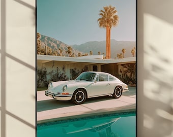Vintage Porsche 911 Wall Art Print, Classic Car Poster with Palm Springs Poolside Scene, Retro Automotive Photography Decor