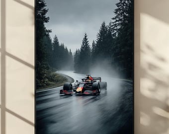 Red Bull Formula 1 Wall Art, Rainy Road Racing Photography, F1 Car Poster, Motorsport Decor, Gift for Car Lovers, Speed Aesthetic