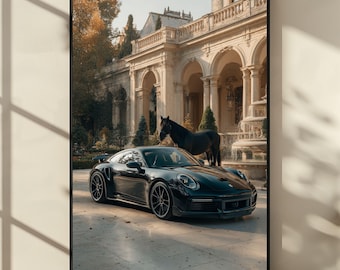 Black Porsche 911 & Horse Poster, Luxury Car and Mansion Wall Art, Elegant Automotive Photography Print
