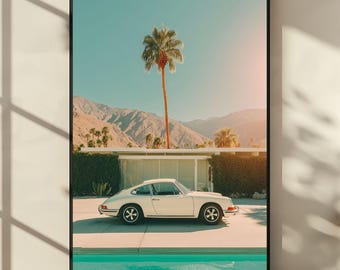 Vintage Porsche 911 Wall Art Print, Mid Century Modern Car Poster, Classic Porsche Decor, Retro Palm Springs Car Photography