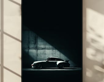 Classic Porsche 911 Shadow Poster, Minimalist Sports Car Wall Art, Dark Automotive Photography Print