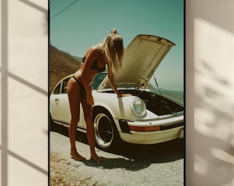 Vintage Porsche Bikini Poster, Retro Car Girl Wall Art, Classic Sports Car Photography Print, Summer Beach Digital Download Decor
