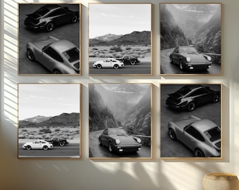 Black and White Porsche Wall Art Set of 3, Classic Car Photography Prints, Monochrome Automotive Decor, Minimalist Car Poster Trio