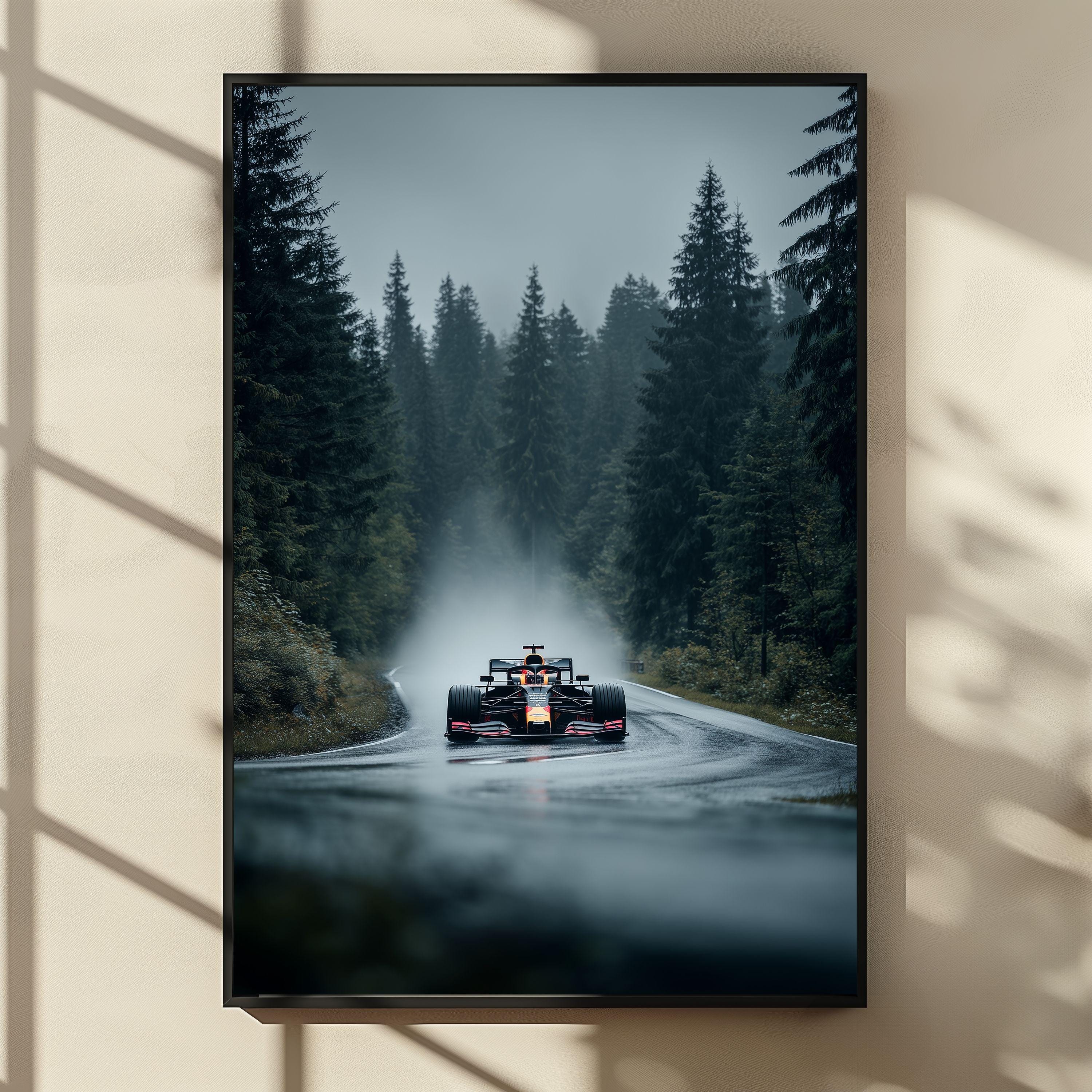 Red Bull Formula 1 Wall Art, Rainy Forest Road Racing Print, F1