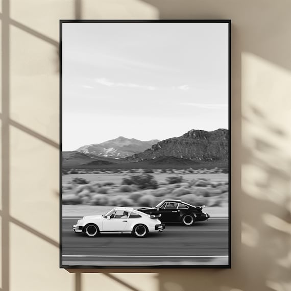 Classic Porsche 911 Racing Poster, Black & White Desert Road Wall