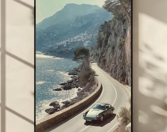 Classic Porsche Coastal Road Poster, Vintage Sports Car Wall Art, Scenic Automotive Photography Print, Digital Download Car Enthusiast Decor