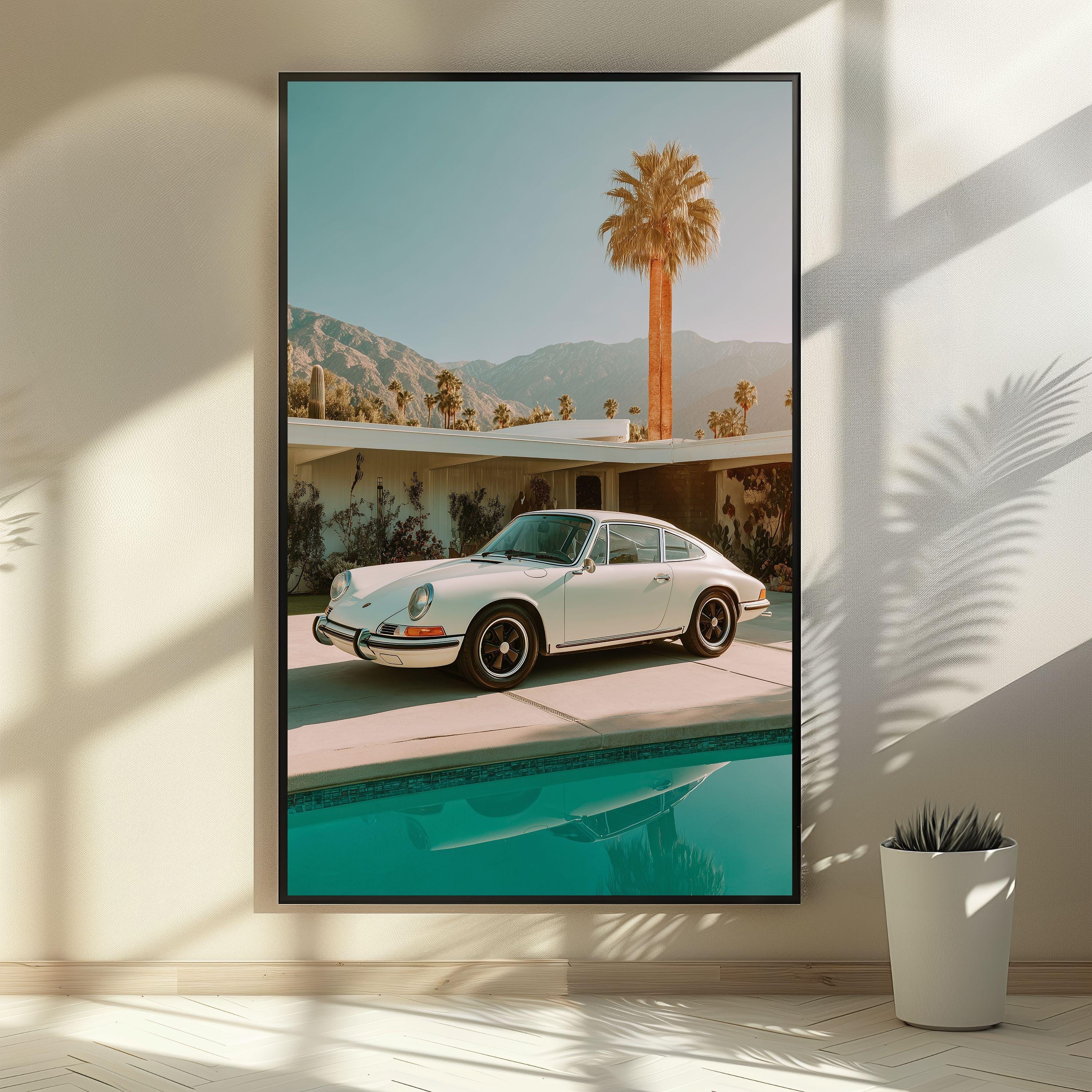 ポルシェ 911 TAKANORI MIYAZAKI 壁掛け パネル レトロ Vintage Porsche 911 Wall Art Print, Classic Car Poster With Palm
