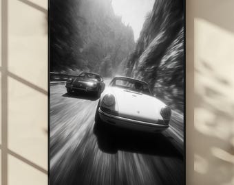 Classic Porsche 911 Racing Poster, Black & White Mountain Road Wall Art, Vintage Sports Car Photography Print, Digital Download