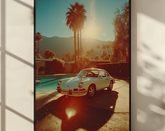Vintage Porsche 911 Wall Art, Retro Car Poster, Classic Sports Car Print, Palm Springs Mid Century Decor, Gift for Car Lovers