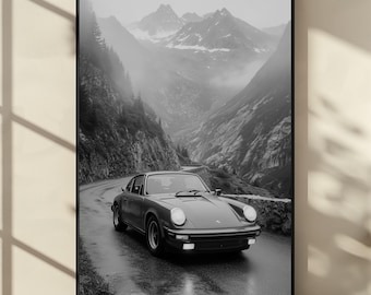 Black & White Porsche Mountain Poster, Alpine Road Car Print, Vintage Porsche 911 Art, Cinematic Drive Scene, Instant Digital Download